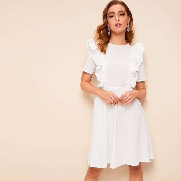 

Solid Zip Back Ruffle Armhole Dress, White