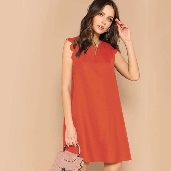 

Solid Scalloped Trim Trapeze Dress, Orange