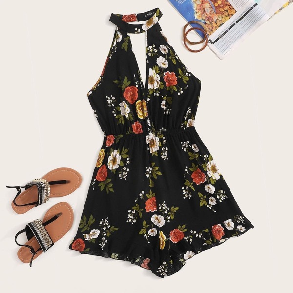 

Double V Neck Floral Flounce Hem Halter Romper
