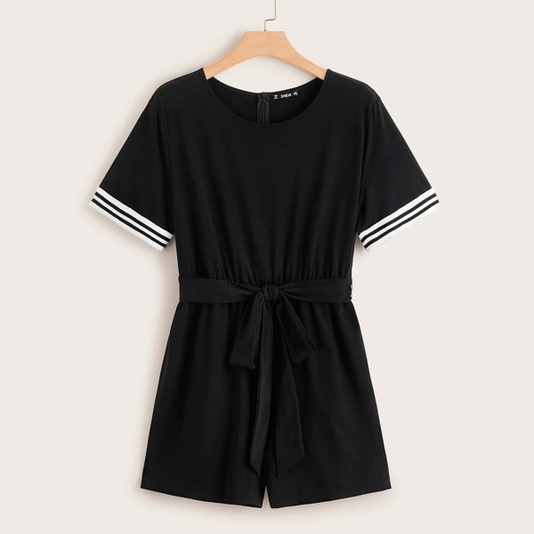

Plus Striped Cuff Belted Romper, Black