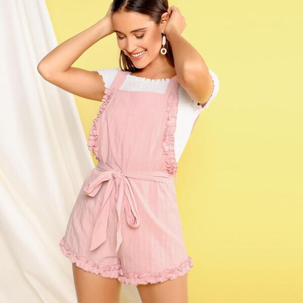 

Frilled Trim Belted Overalls, Pink