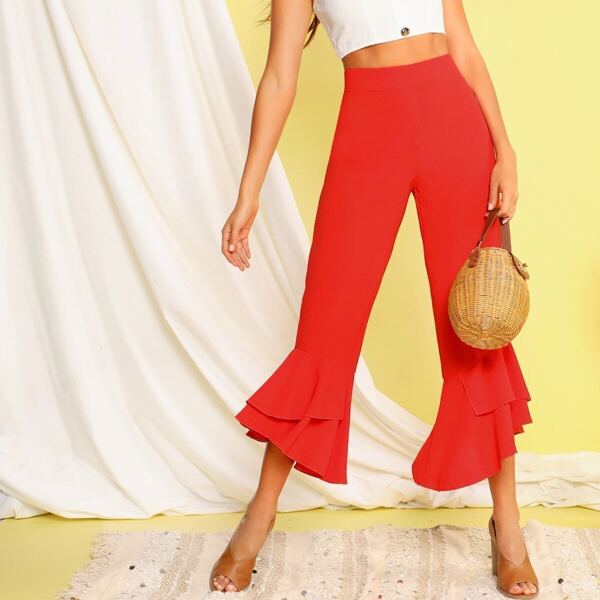 

Solid Layered Ruffle Hem Crop Pants, Orange bright
