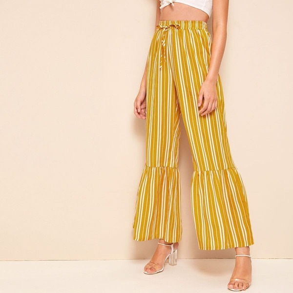Drawstring Waist Ruffle Hem Wide Leg Striped Pants
