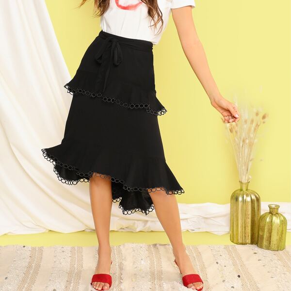 

Ring Trim Flippy Hem High Low Belted Skirt, Black