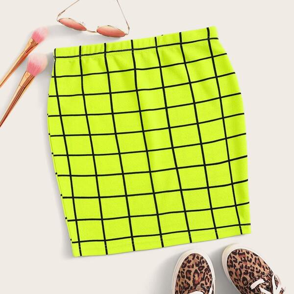 

Neon Lime Grid Bodycon Skirt, Green bright