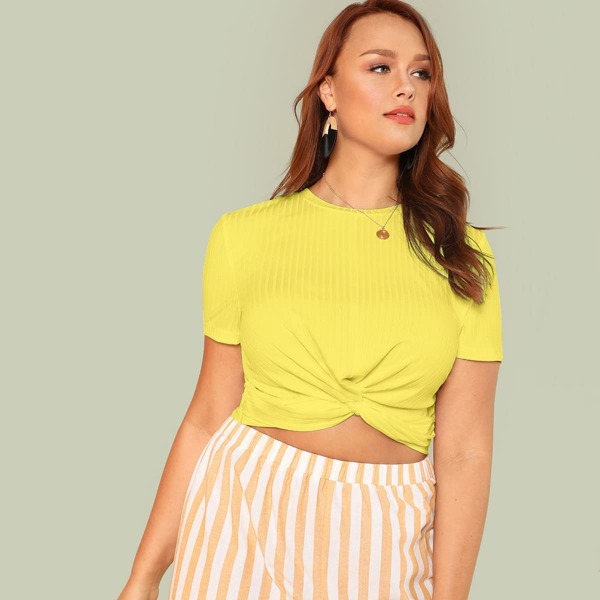

Plus Neon Yellow Twist Front Rib-knit Tee
