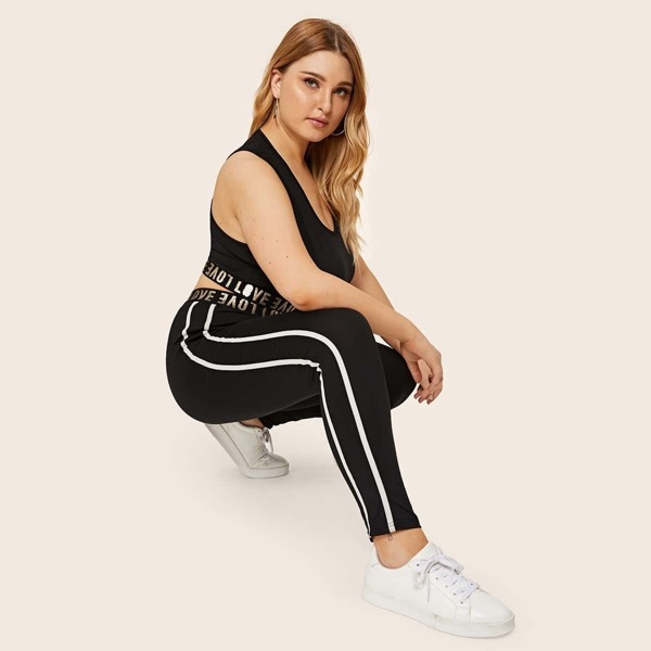 

Plus Letter Tape Trim Crop Top & Striped Side Leggings Set