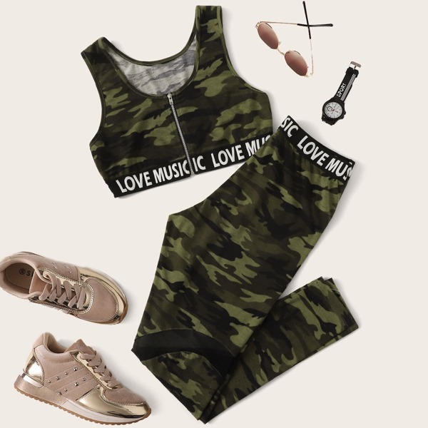 

Letter Detail Tape Camo Tank Top & Leggings Set