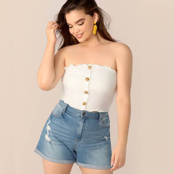 

Plus Button Front Rib-knit Lettuce Trim Bandeau Top