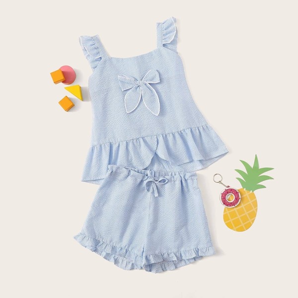 

Toddler Girls Bow Front Gingham Top & Ruffle Hem Shorts Set, Blue