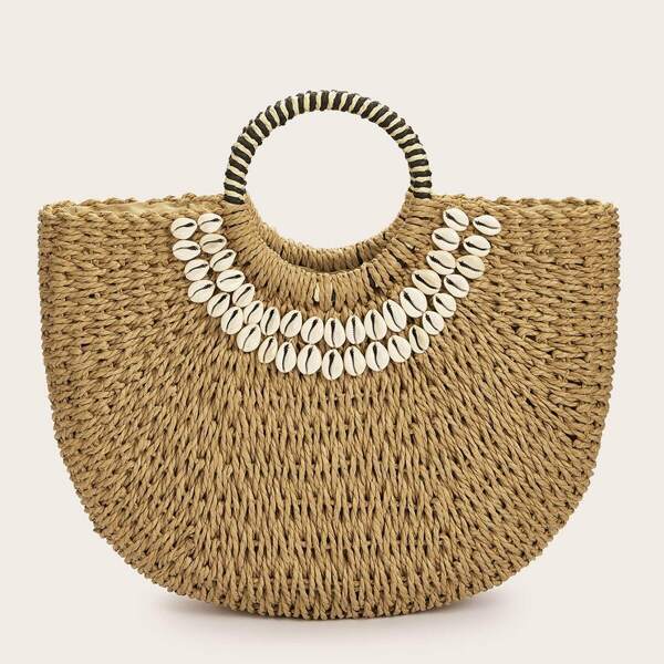

Random Shell Decor Straw Plaited Tote Bag