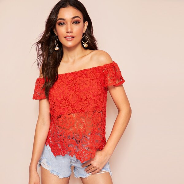 

Off Shoulder Solid Floral Lace Blouse