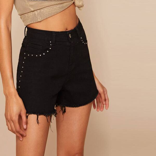 

Studs Detail Raw Hem Denim Shorts