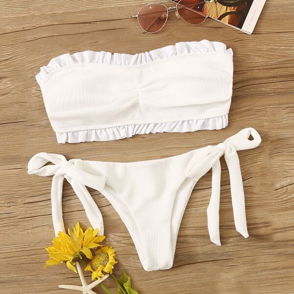 

Frill Trim Bandeau With Tie Side Bikini Set
