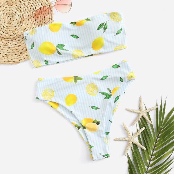 

Random Striped & Lemon Print Bandeau Bikini Set, Multicolor