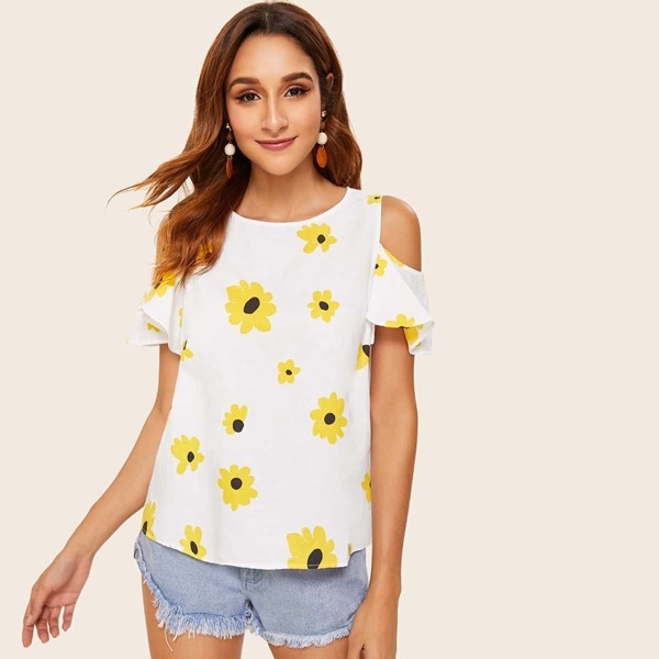 

Floral Print Open Shoulder Blouse