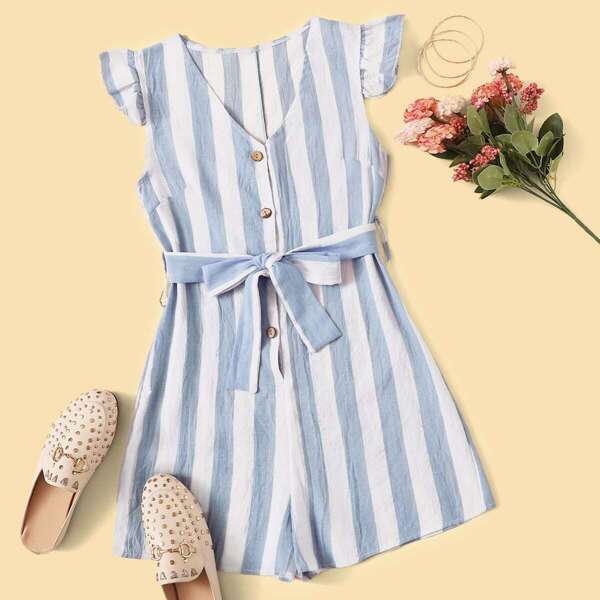 

Striped Button Front Belted Playsuit
