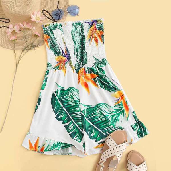 

Plants Print Shirred Ruffle Hem Tube Playsuit, Multicolor