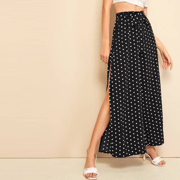 

Polka Dot Split Side Belted Pants