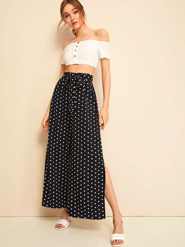 

Polka Dot Split Side Belted Pants, Black, Kristina B
