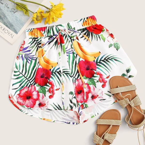 

Drawstring Waist Floral Print Shorts