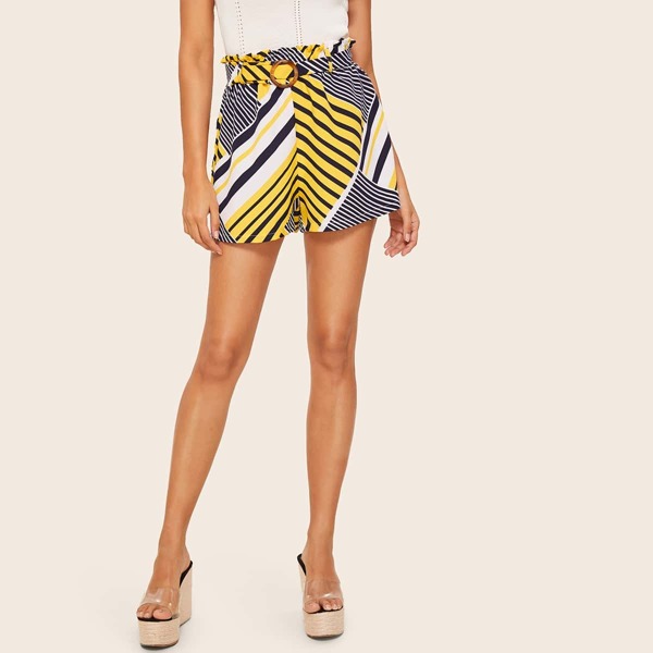 

Cut And Sew Striped Belted Paperbag Shorts