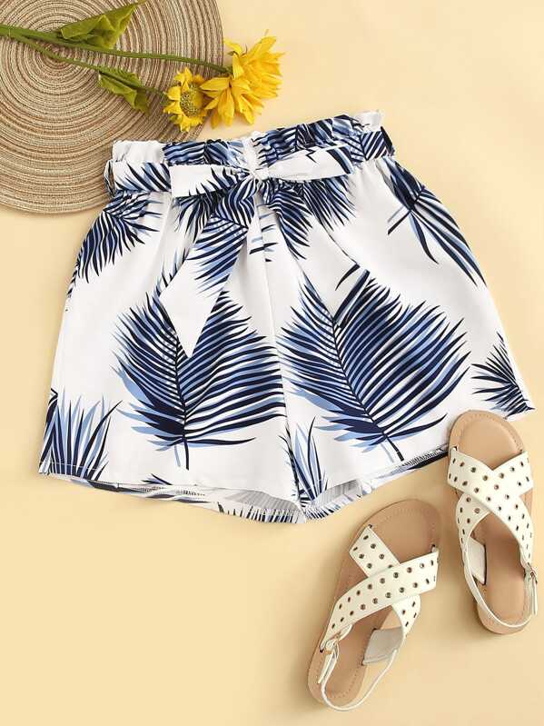 

Tropical Print Belted Paperbag Shorts, White