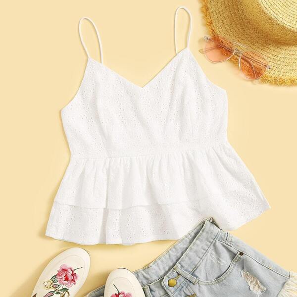 

Eyelet Embroidery Layer Ruffle Hem Cami Top, White