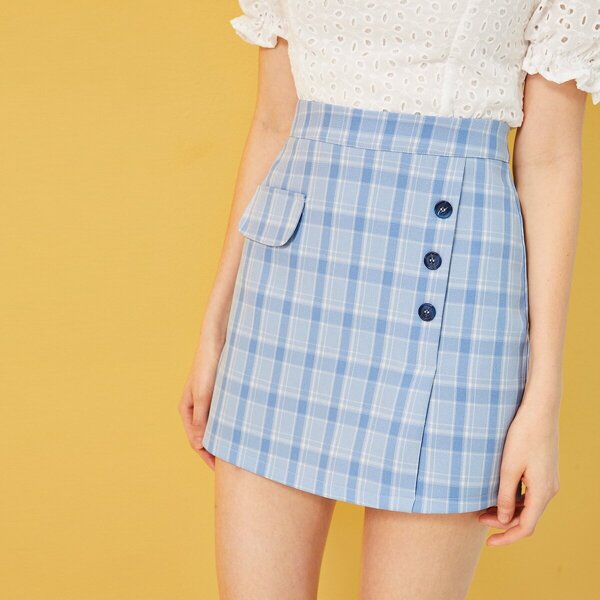 

Button Front Plaid Mini Pencil Skirt