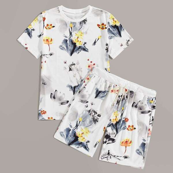 

Men Lotus Print Tee With Bermuda Shorts