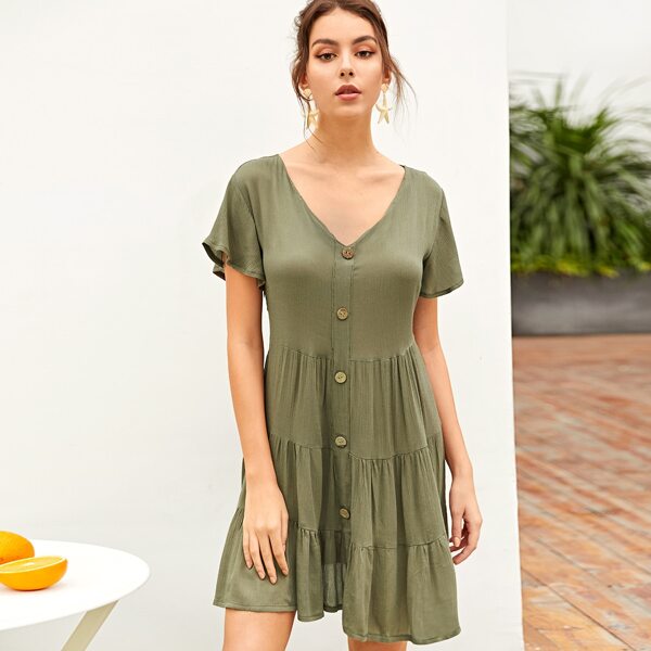 

Solid Single Button Ruffle Hem Dress