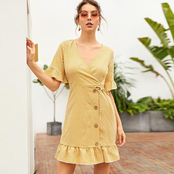 

Surplice Front Ruffle Hem Gingham Tea Dress