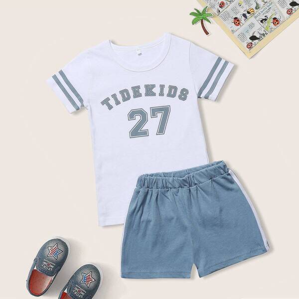 

Toddler Boys Letter Print Side Stripe Tee With Track Shorts