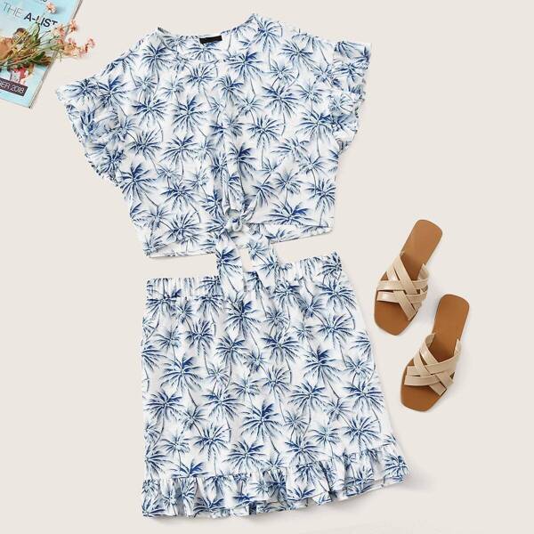 

Plus Tropical Tie Front Top & Ruffle Hem Skirt Set