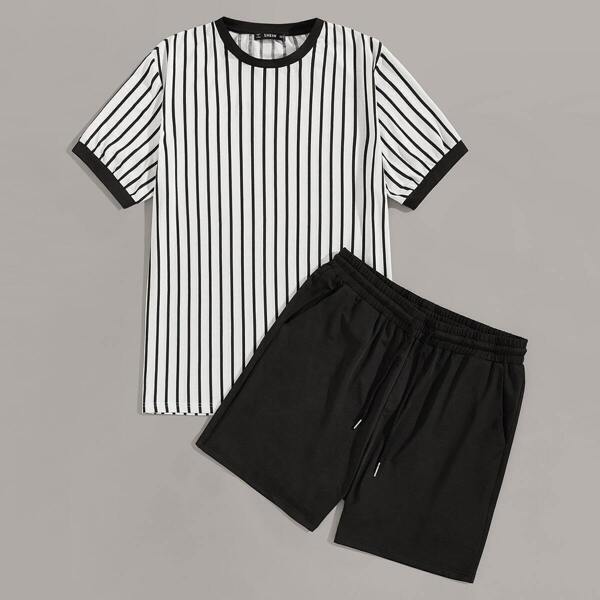 

Men Striped Ringer Top & Sweat Shorts Set