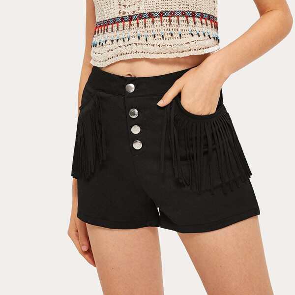 

Button Front Fringe Detail Shorts, Black
