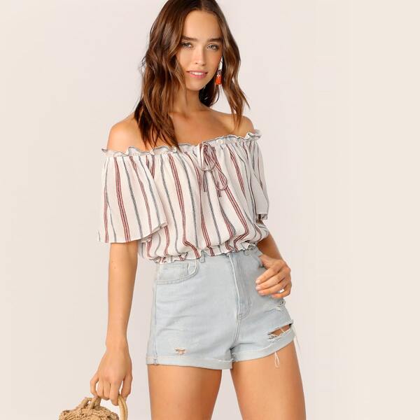 

Frilled Off Shoulder Striped Crepe Top
