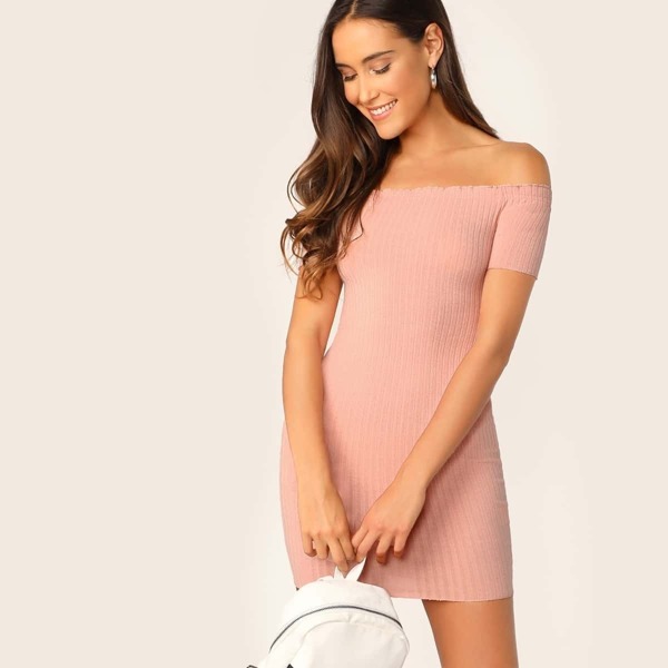 

Rib-knit Off Shoulder Bodycon Dress