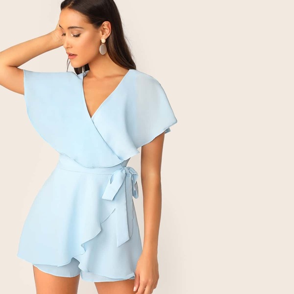 

Open Back Surplice Wrap Cape Romper, Blue pastel