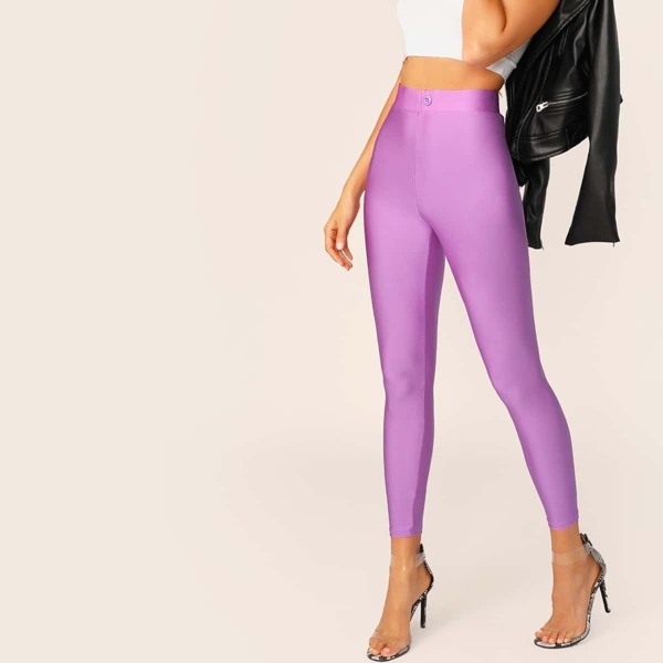 

Buttoned Waist Silky Leggings, Purple