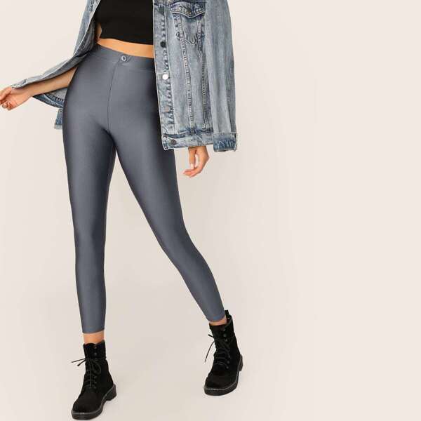 

Buttoned Waist Silky Leggings, Grey