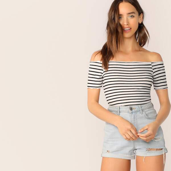 

Rib Knit Striped Off Shoulder Tee, Black and white