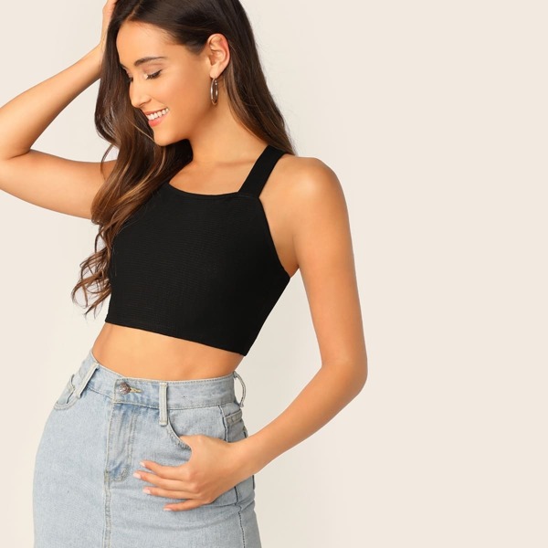 

V-strap Back Crop Ribbed Top, Black