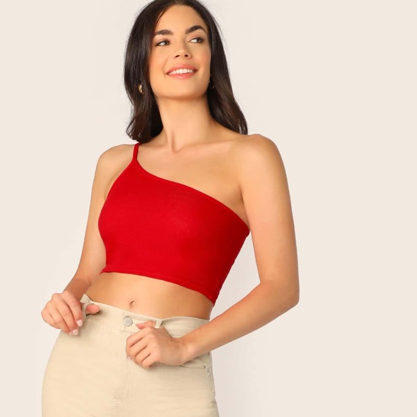 

One Shoulder Rib-knit Top, Red bright