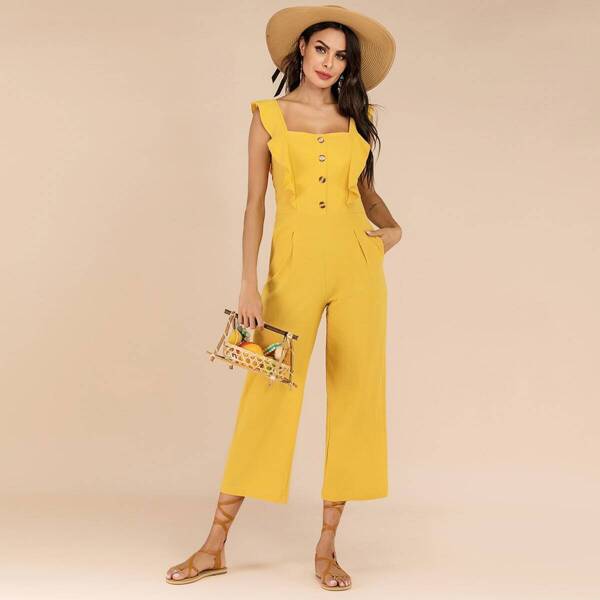 

Ruffle Trim Button Front Wide Leg Jumpsuit