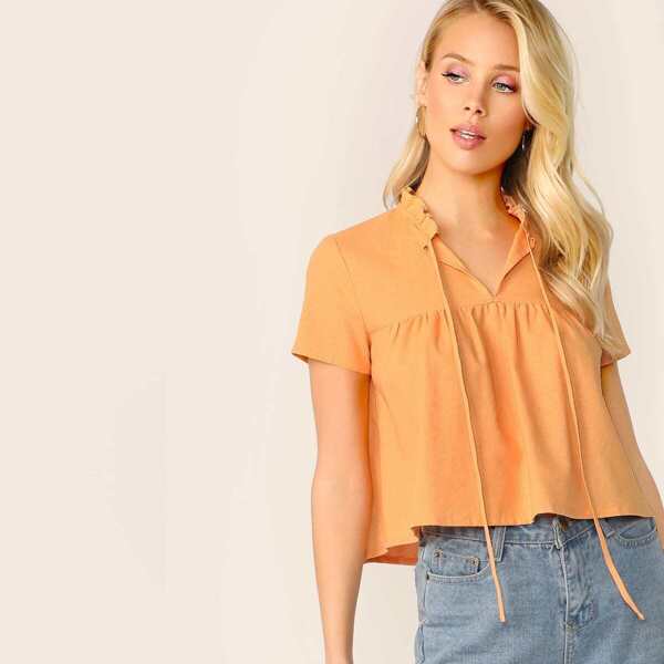 

Frill Trim Tie Neck Boxy Top