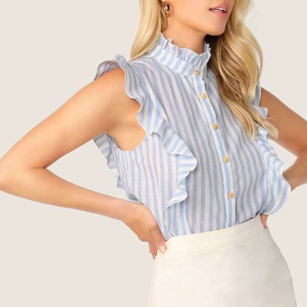 

Ruffle Armhole Striped Shirt, Blue