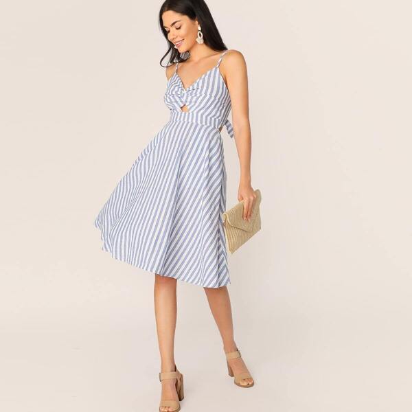 

Twist Front Peekaboo Bow Tie Back Striped Dress, Blue