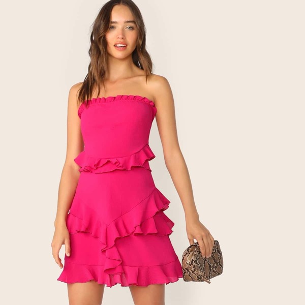 

Neon Pink Bow Tie Back Ruffle Tube Dress