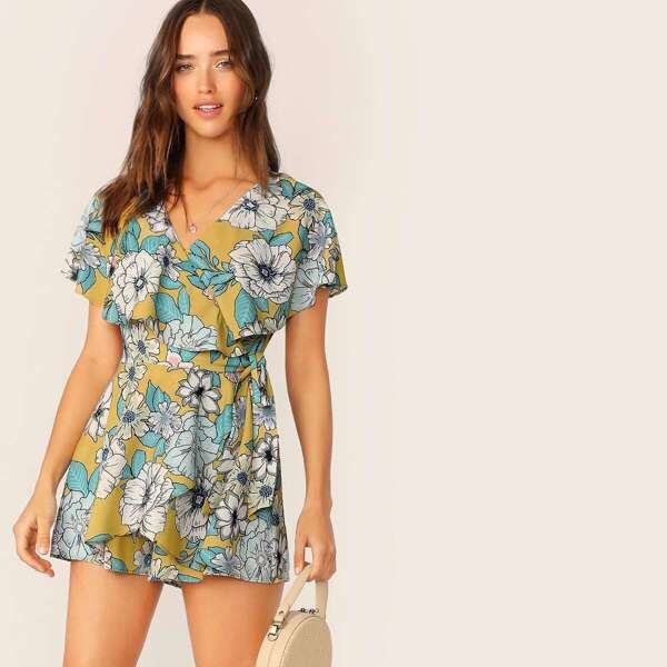 

Floral Print Ruffle Foldover Cutout Back Romper, Multicolor